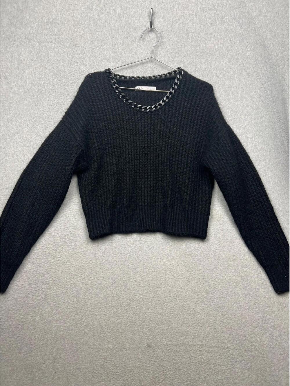 ZARA Knit Alpaca Blend Crop Sweater Chain Collar L Neutral Minimalist Modern
